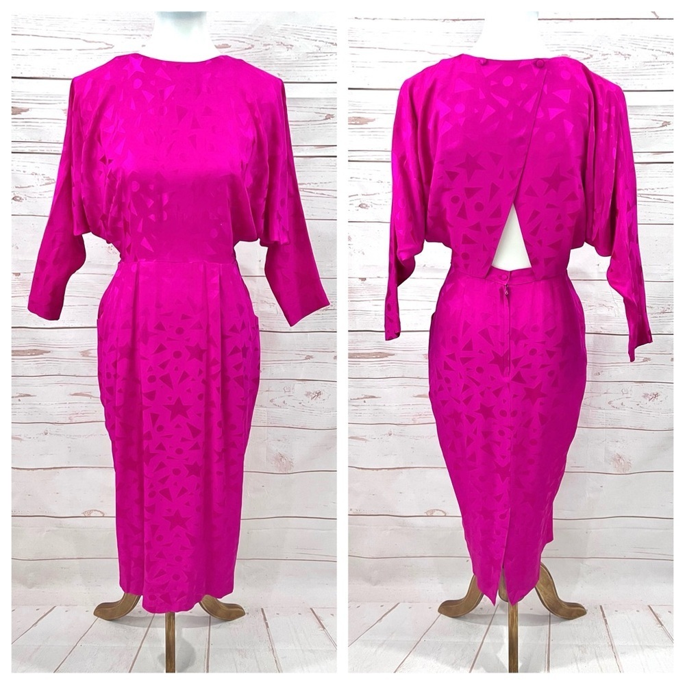 Vintage 80’s 90’s Joanie Char Magenta Fuchsia Silk Geometric Cutout Back Dress
